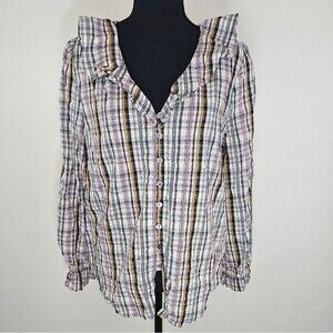 LOFT Striped Plaid Ruffled Multi Color Long Sleeve Button Up Blouse Top Shirt
